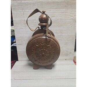 Vintage Hand Carved Wooden Flask Decanter Bottle Leather Strap 12" Tall